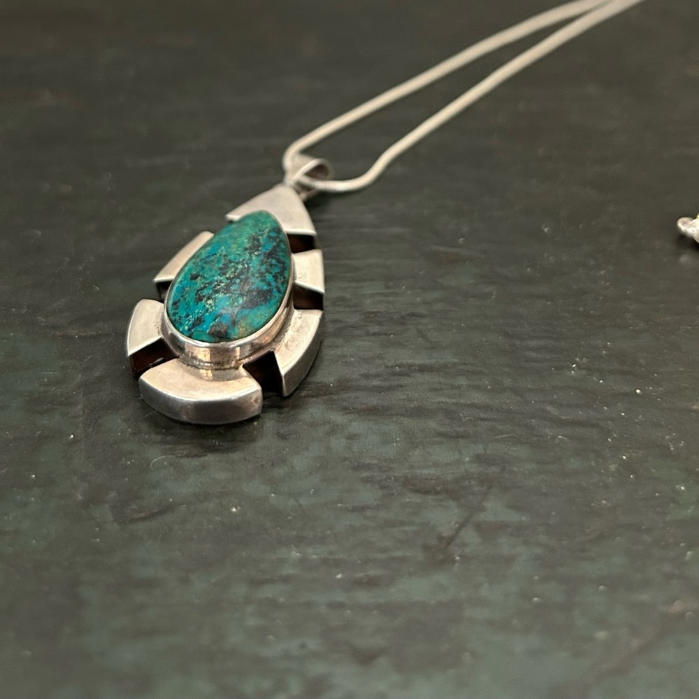 Taxco Chrysocolla Sterling Silver Pendant Necklace // Mexico //Vintage //